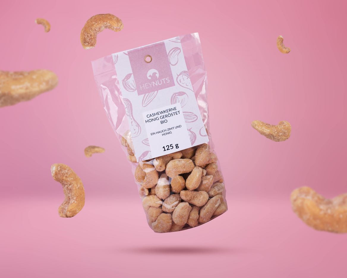 Cashewkerne honiggeröstet bio in der Plastikfreien 125g Verbraucherverpackung