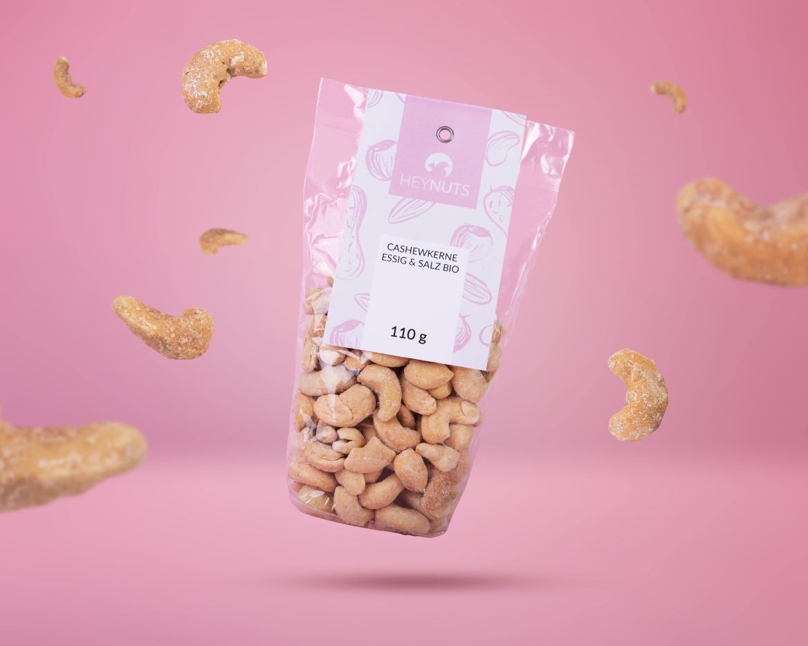 Cashewkerne Essig-Salz in der 110g Verbraucherverpackung mit baby rosa Etikett