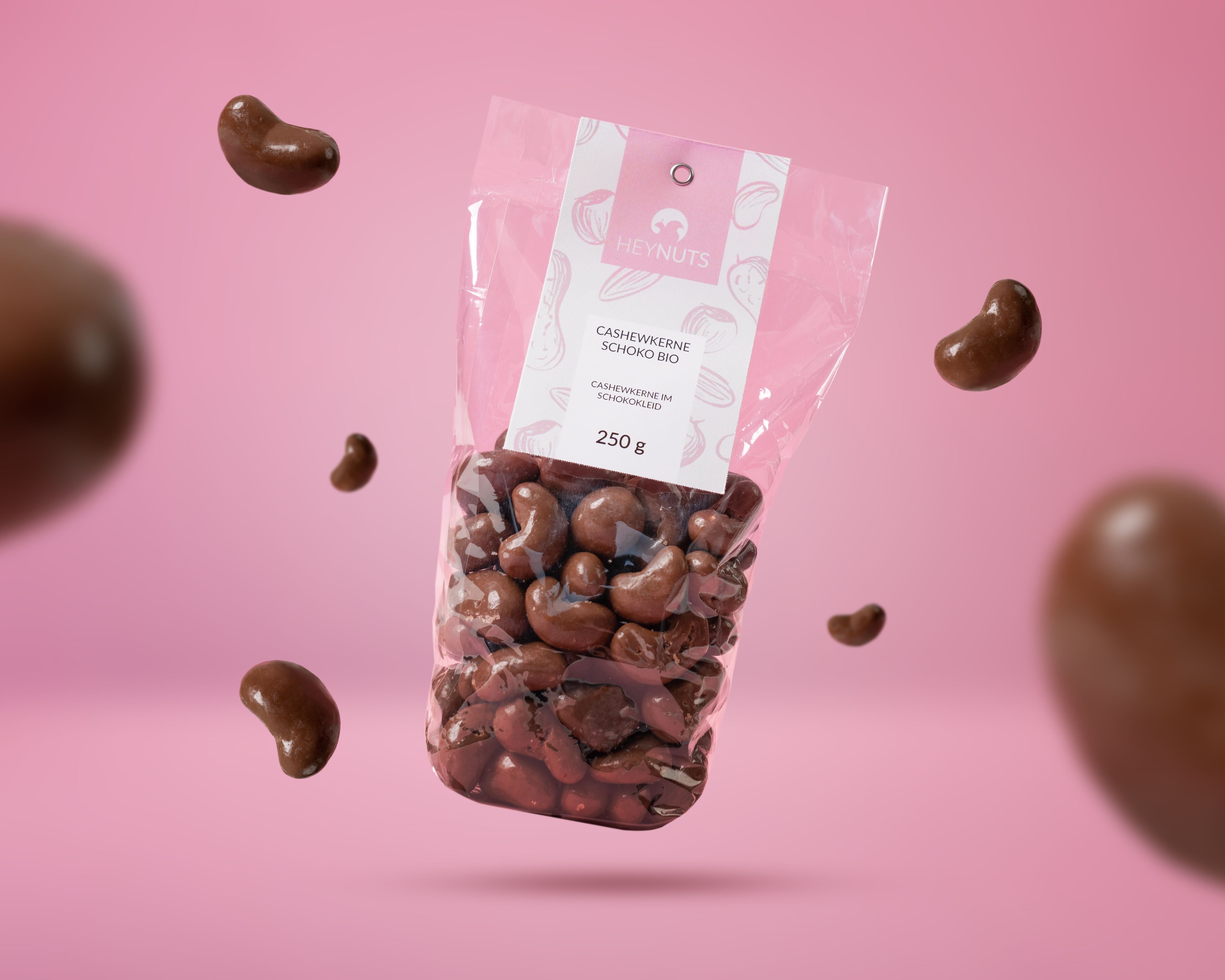 Cashewkerne schokoliert bio in der 250g Verbraucherverpackung mit rosa Lable