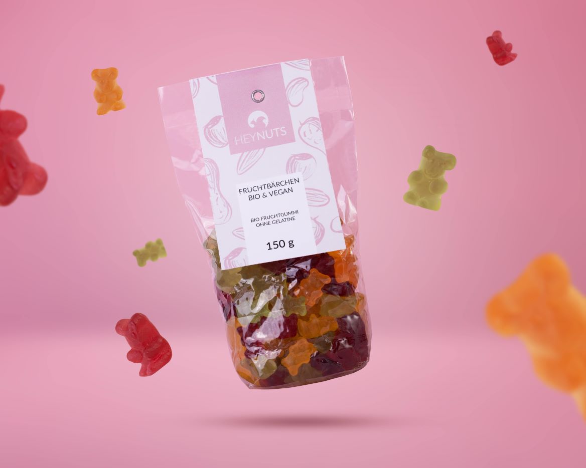 Fruchtbärchen bio vegan in der 150g Verbraucherverpackung mit rosa Lable