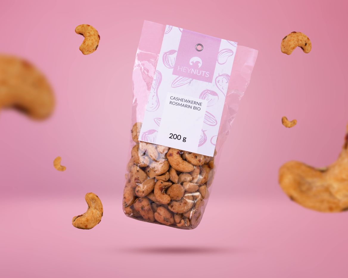 Cashewkerne Rosmarin vegan in der 200g Verbraucherverpackung mit rosa Lable