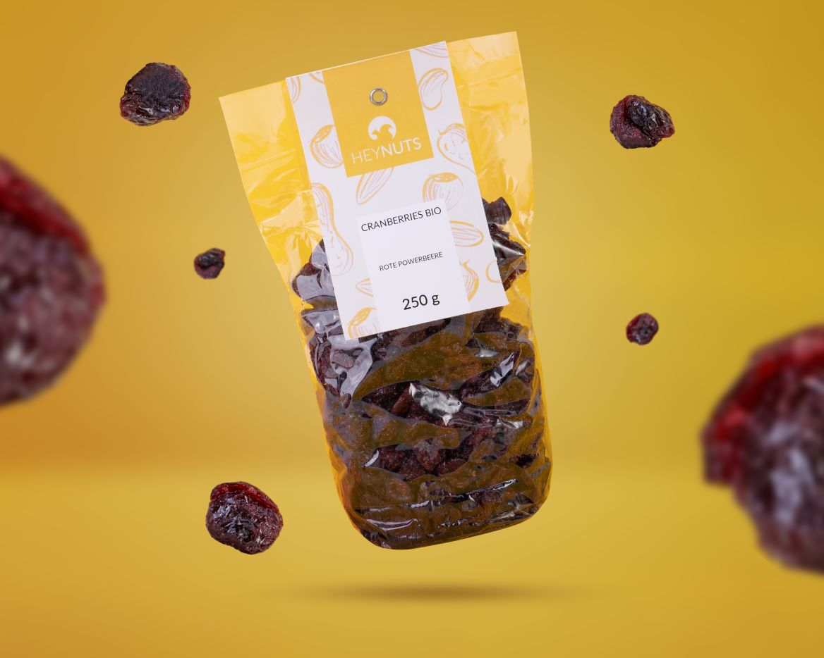 Getrocknete Cranberries bio in der 250g Verbraucherverpackung mit gelbem Lable