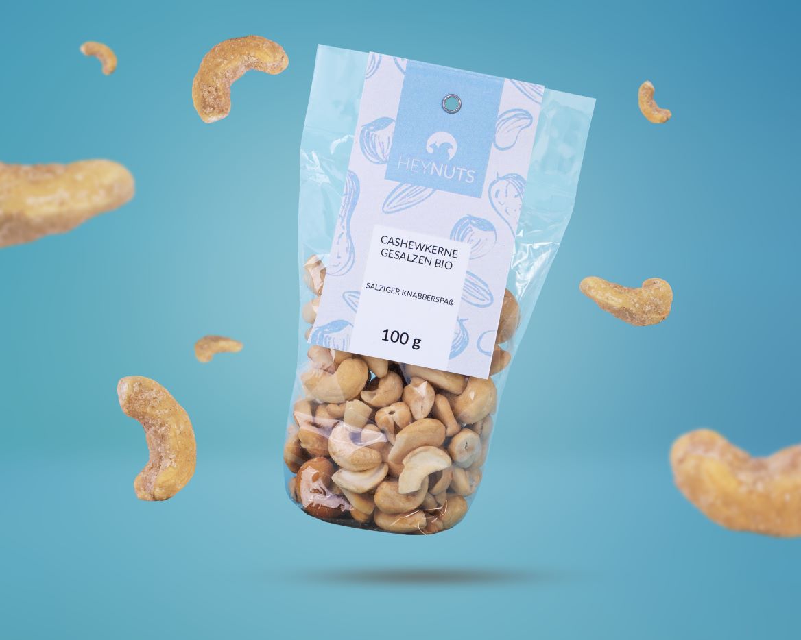 Cashewkerne gesalzen bio in der 100g Verbraucherverpackung das Lable ist babyblau